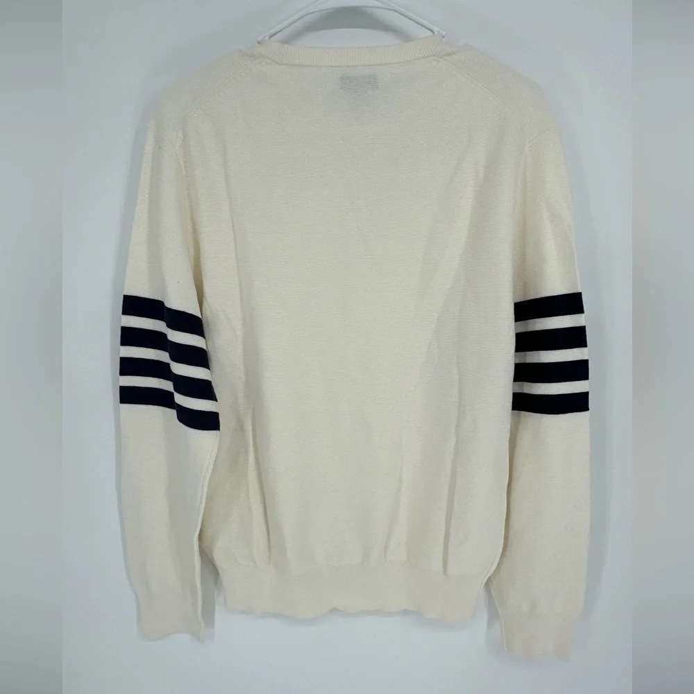 Re-Imagined J Crew -‎ COTTON CREWNECK SWEATER GARTER STITCH IVORY NAVY Medium